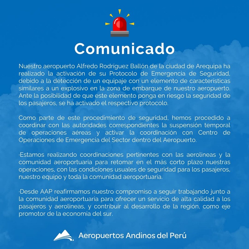 Comunicado de protocolo de emergencia en aeropuerto de Arequipa